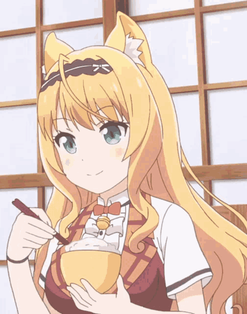 a girl with a cat ear is holding a bowl of food with chopsticks