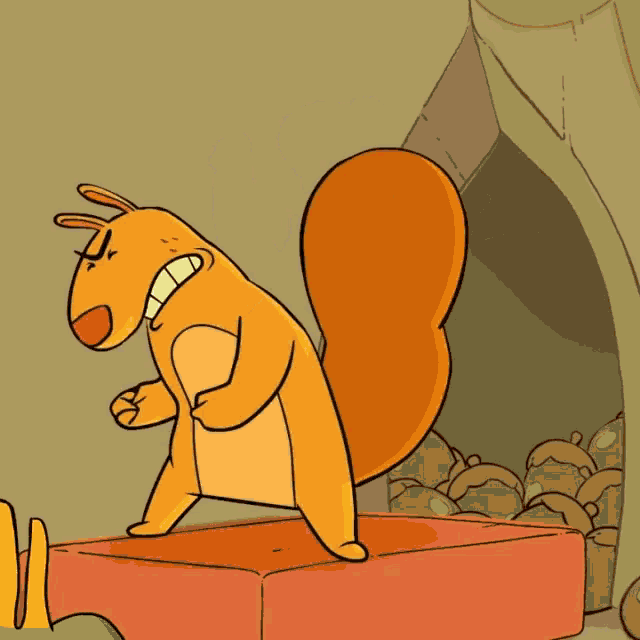 a cartoon squirrel is standing on a red block with its arms outstretched