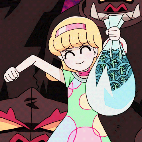 a cartoon girl is holding a bag of coins