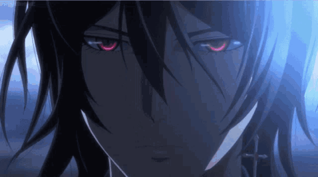a close up of a anime character with red eyes