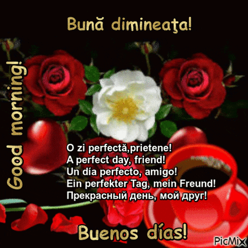 a picture of roses and a cup of coffee with the words buenos dias