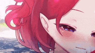a close up of a cartoon character with red hair and blue eyes