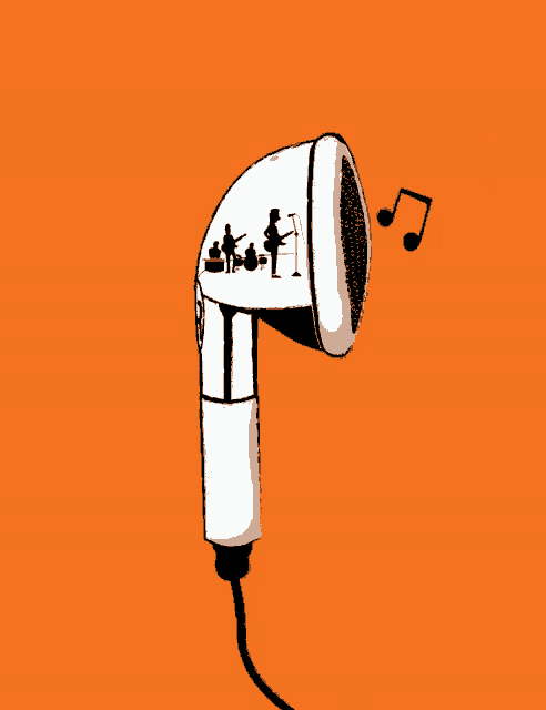 a drawing of an ear bud with a band and a microphone
