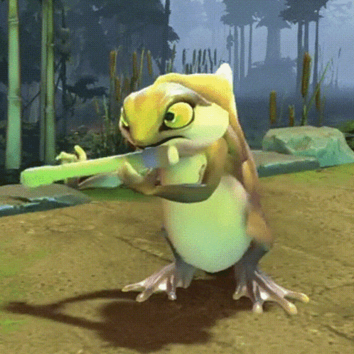 a frog is holding a green object in its mouth in a video game