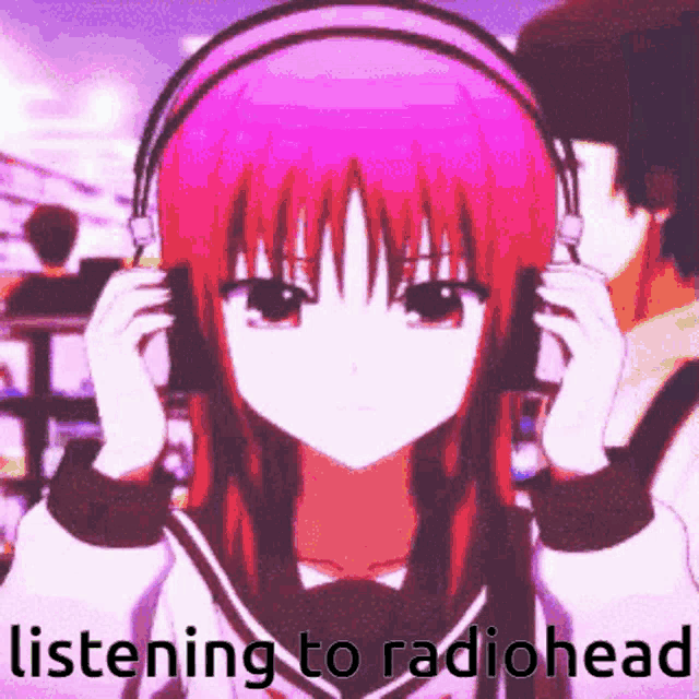 a girl with pink hair wearing headphones with the words listening to radiohead below her
