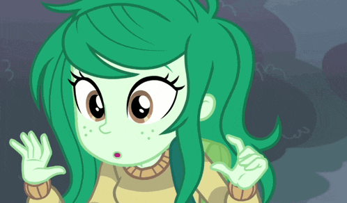 a cartoon girl with green hair and a yellow sweater