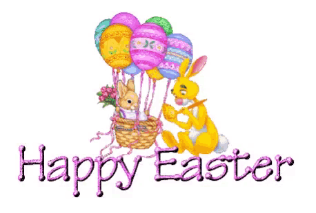 a bunny holding a basket of easter eggs and the words happy easter