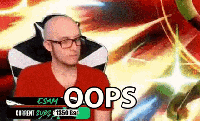 a bald man wearing glasses and a red shirt is sitting in a chair with the words " oops " above him