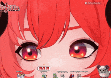 a close up of a red haired anime girl 's eyes with a sheep in the foreground that says itts