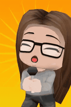 a girl with glasses is holding a microphone and making a funny face