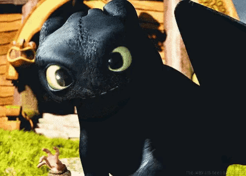 toothless from how to train your dragon is smiling in front of a house