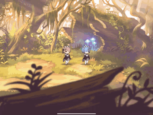 a drawing of two girls in a forest