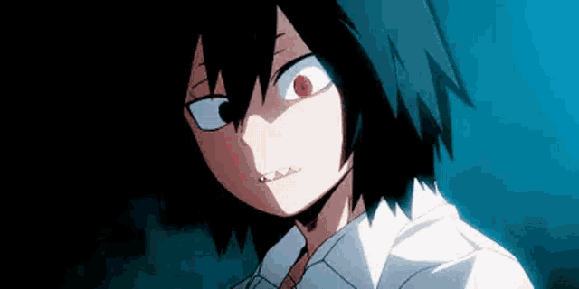 a close up of a person 's face with red eyes and a white shirt .