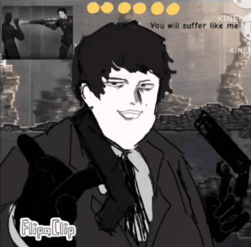 a black and white drawing of a man holding a gun with flipaclip written below him