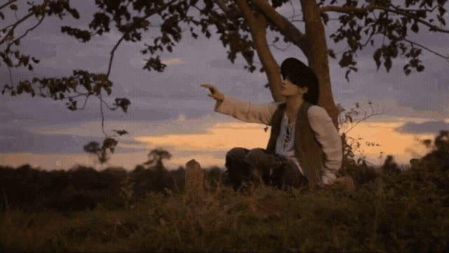 a person is sitting under a tree pointing at the sky