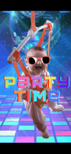 a baby wearing sunglasses is swinging in a bouncer with the words party time below it