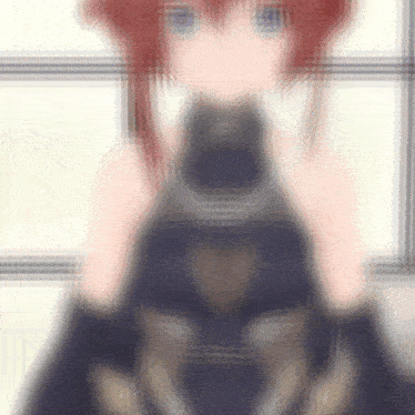 a blurry picture of a woman with red hair and blue eyes