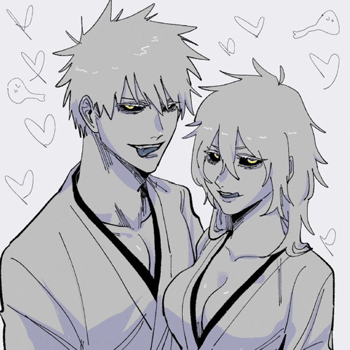 a drawing of a man and a woman with hearts on the background
