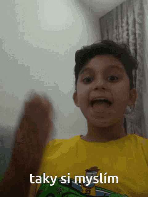 a young boy wearing a yellow shirt that says taky si myslim on it
