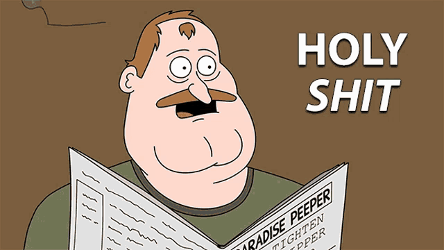 a cartoon man is reading a newspaper that says holy shit on it
