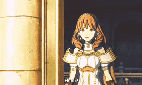 a video game character says " hmm " while standing next to a pillar