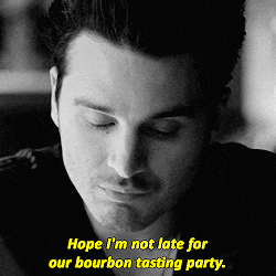 a black and white photo of a man with the words hope i 'm not late for our bourbon tasting party