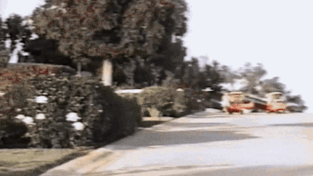 a blurred image of a street with trees and bushes on the side