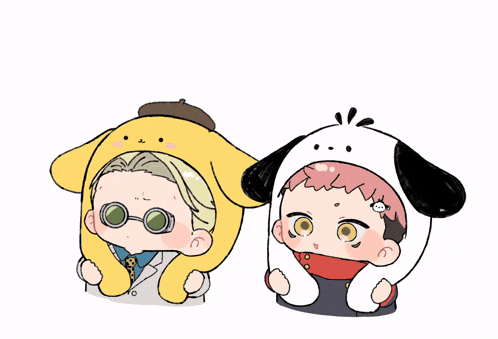 a drawing of a boy wearing a yellow dog hat and a panda hat