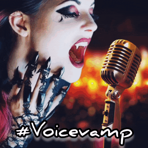 a picture of a woman singing into a microphone with #voicevamp written on the bottom