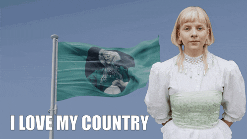 a woman in a white dress stands in front of a flag that says " i love my country "