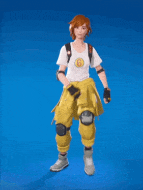a girl in yellow pants and a white shirt with the number 6 on it