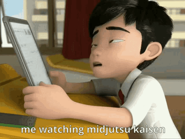 a cartoon of a boy using a tablet with the words me watching midjutsu kaisen below him