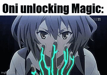 a girl is holding her hands in front of her face and the words `` oni unlocking magic '' are on the bottom of the image .