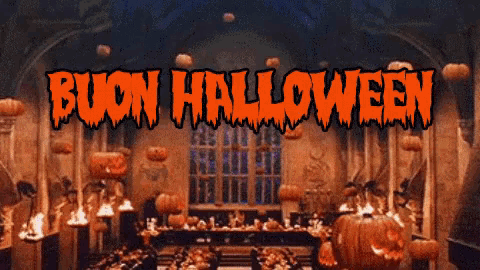 a room decorated for halloween with the words buon halloween written above it