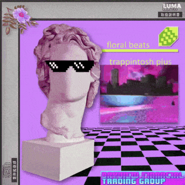 a statue of a woman wearing sunglasses is on a purple background