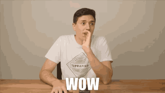 a man wearing a suprapixel shirt says wow
