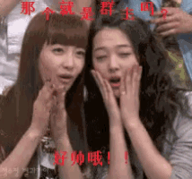 a couple of girls with their hands on their faces with chinese writing behind them