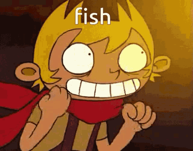 a cartoon character with a scarf around his neck is smiling with the word fish written above him .