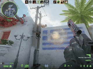 a person holding a gun in front of a wall with a flag painted on it