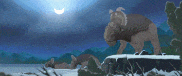 a painting of a group of dinosaurs standing on top of a snow covered cliff