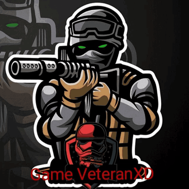 a logo for game veteran xd has a soldier holding a gun