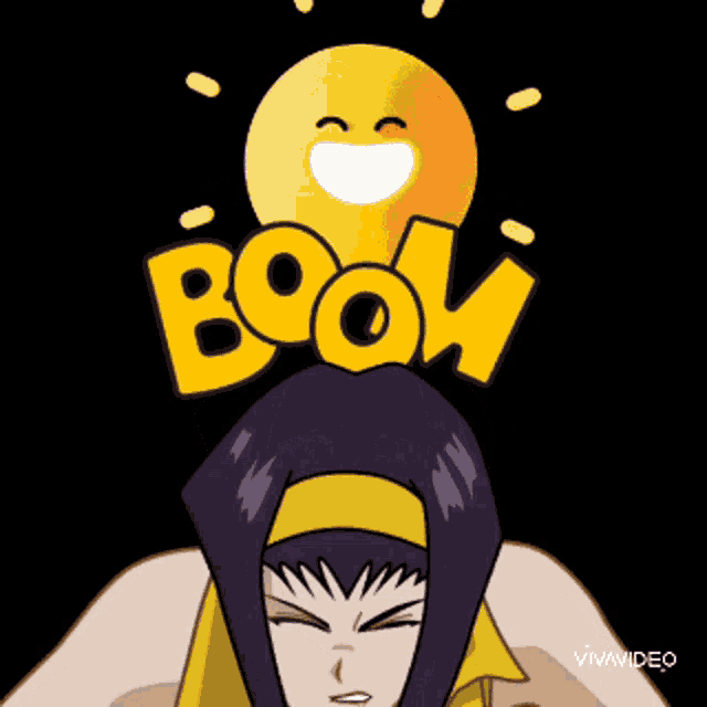 a cartoon of a woman with a light bulb on top of her head with the word boom in the background
