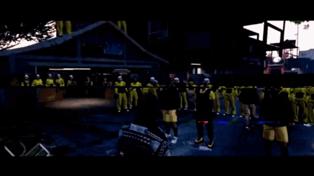 a group of people wearing masks are standing in a circle in a video game