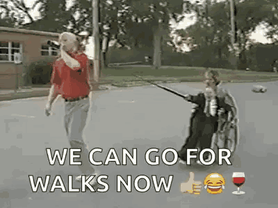 a man is walking a little girl in a wheelchair with a sword and shield on a leash .