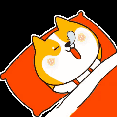 a cartoon dog is laying on an orange pillow with a spoon in its mouth