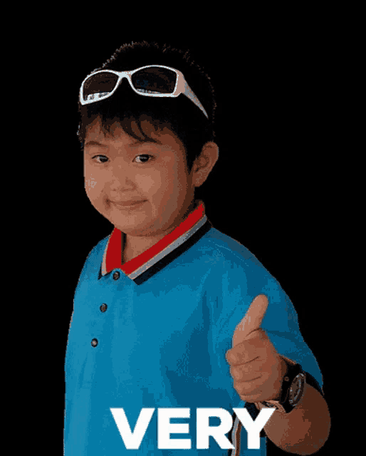 a young boy wearing sunglasses and a blue shirt gives a thumbs up sign