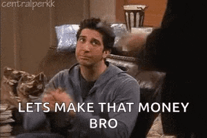 a man is sitting on a couch with his hands in his pockets and saying `` lets make that money bro '' .