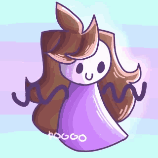 a cartoon drawing of a girl with long brown hair and a purple scarf .