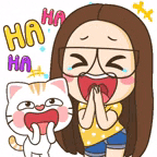 a cartoon girl is laughing next to a cat .