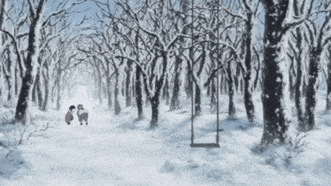 two people standing in a snowy forest with a swing in the middle